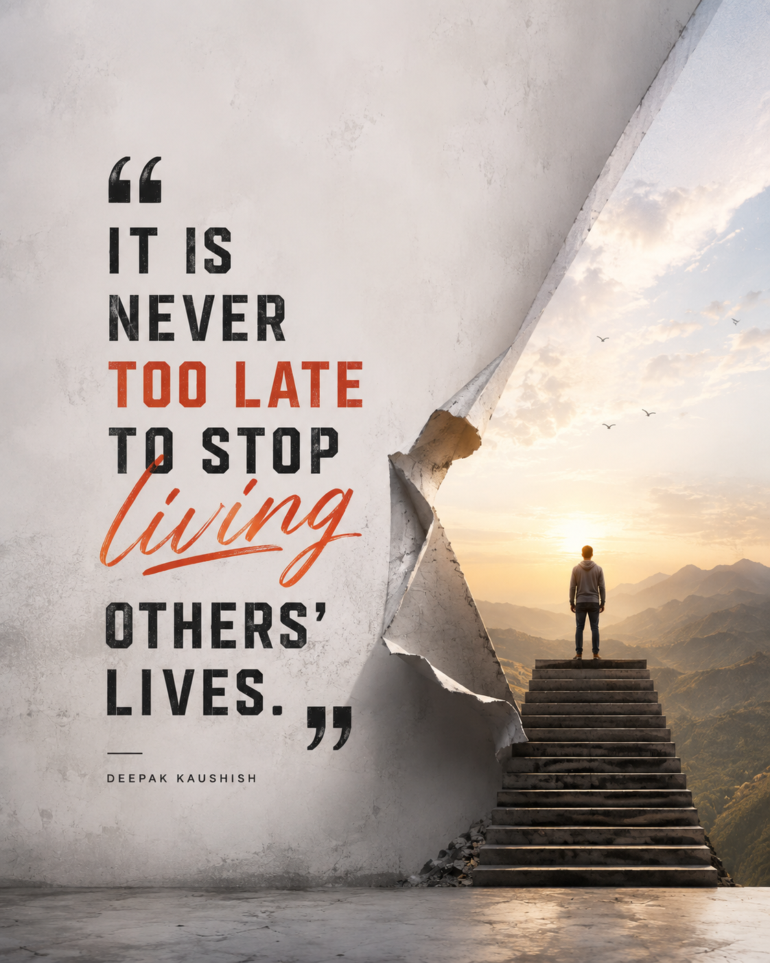 Typographic artwork reading “It is never too late to stop living others lives.”, from the Life & Growth series.