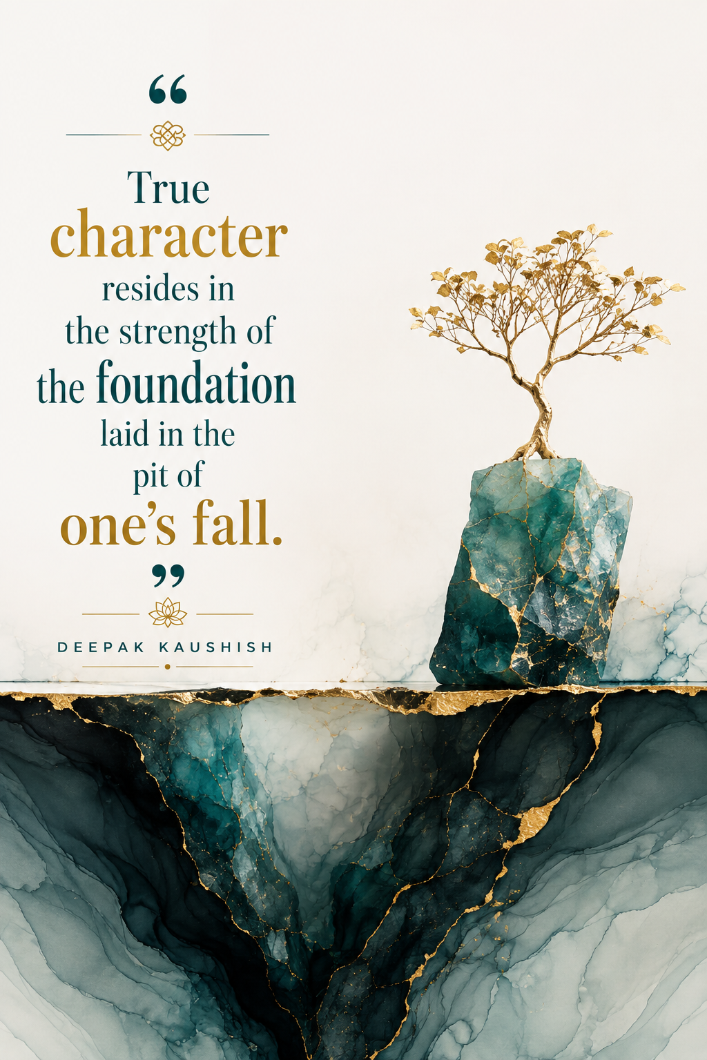 Typographic artwork reading “True Character resides in the strength of foundation laid in the pit of one's fall.”, from the Faith series.